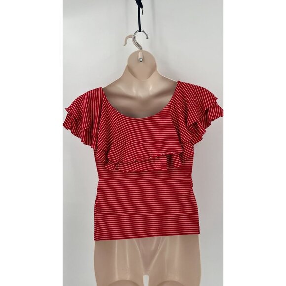 Polo Ralph Lauren Ladies Ruffle Trim Top Size M Red Stripe - Picture 6 of 8